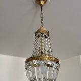 Lustre corbeille ancien en laiton et pampilles – Art déco années 1930