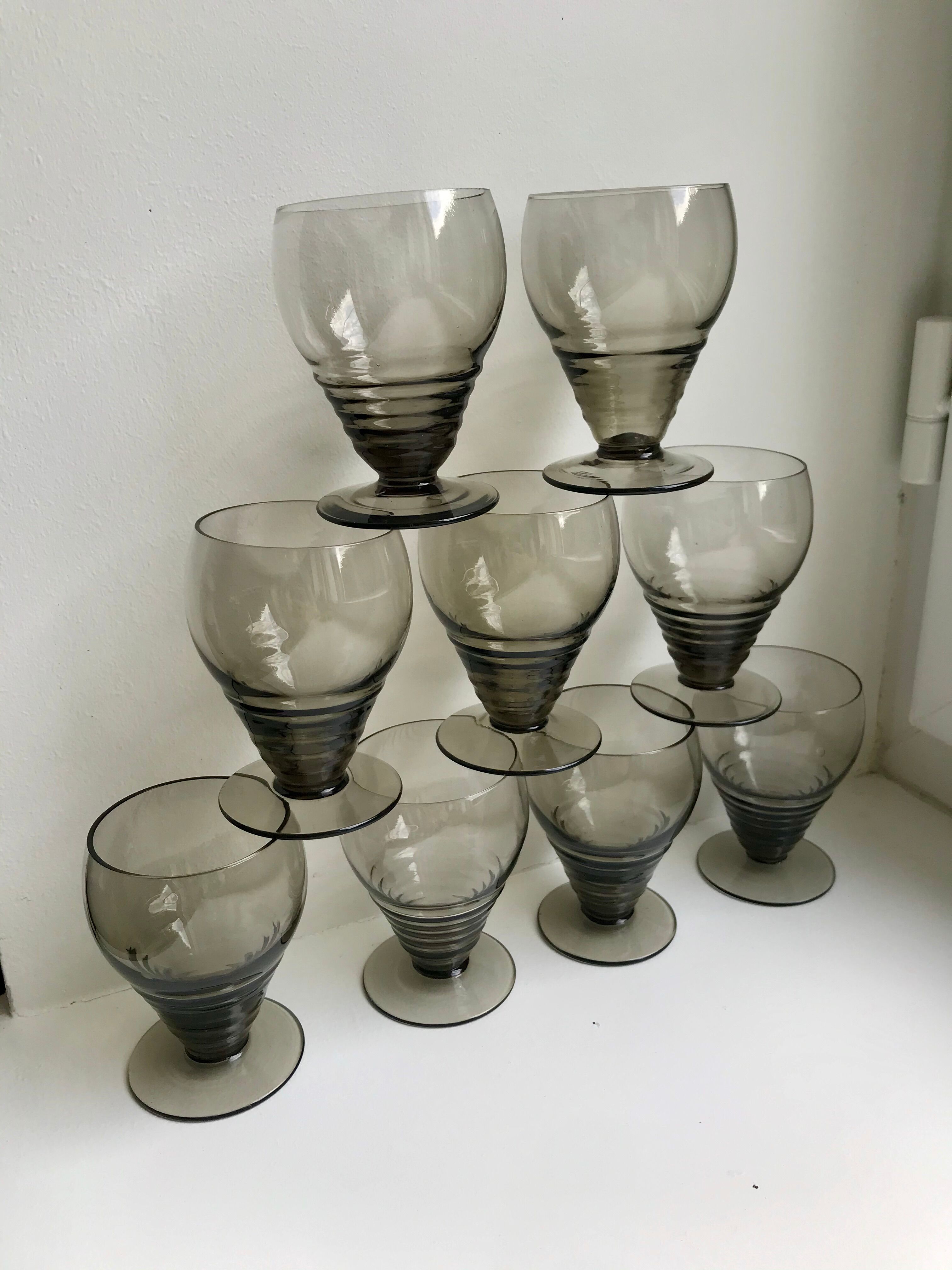 Set of 9 art deco liqueur glasses in smoked glass 30-40s