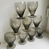 Set of 9 art deco liqueur glasses in smoked glass 30-40s
