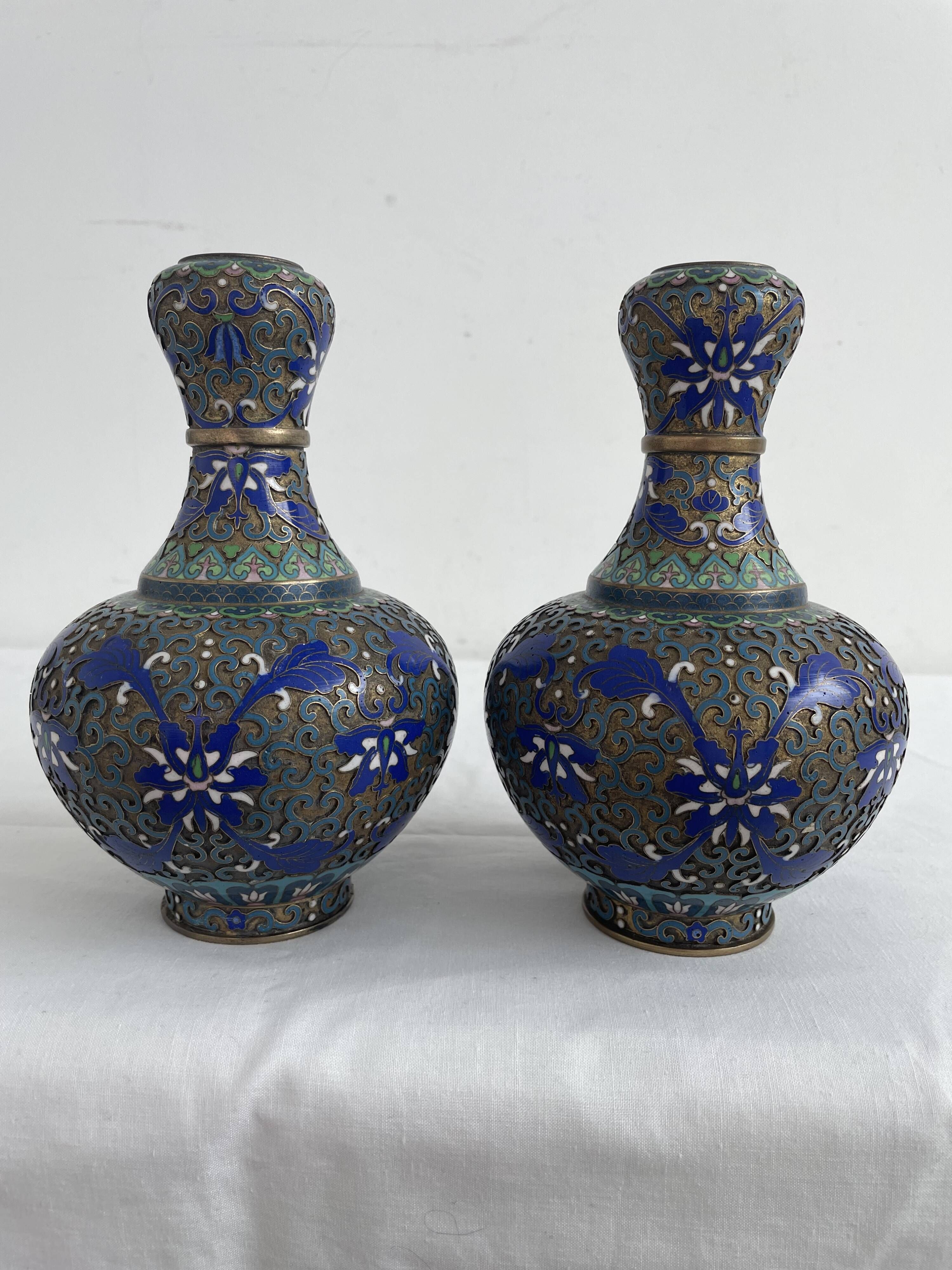 Vintage, pair of vases, Chinese, cloisonné metal, enameled, polychrome floral decor, golden hoop