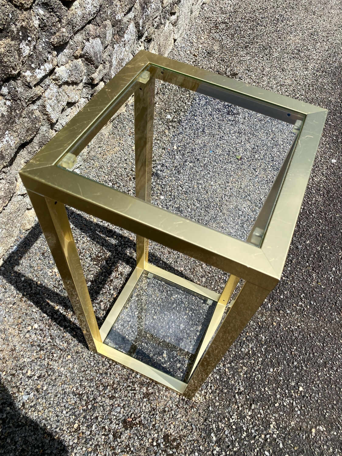Vintage 1980s square gold metal end table/shelving by pierre vandel, 2 pieces