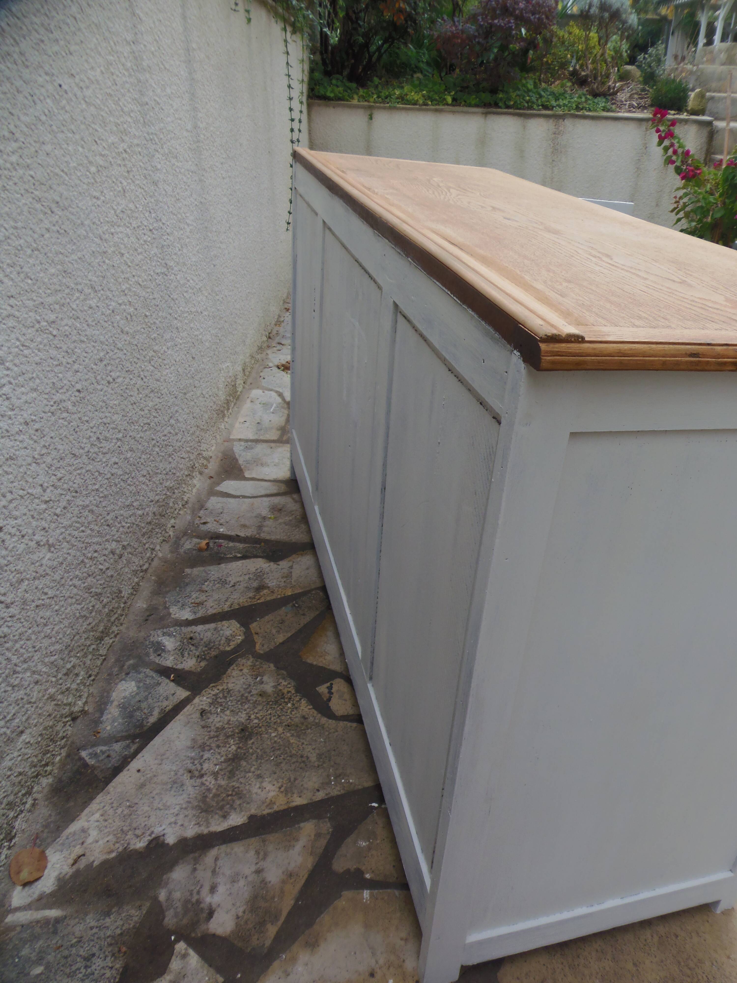 Vintage sideboard in pearl grey patinated oak, wooden top.