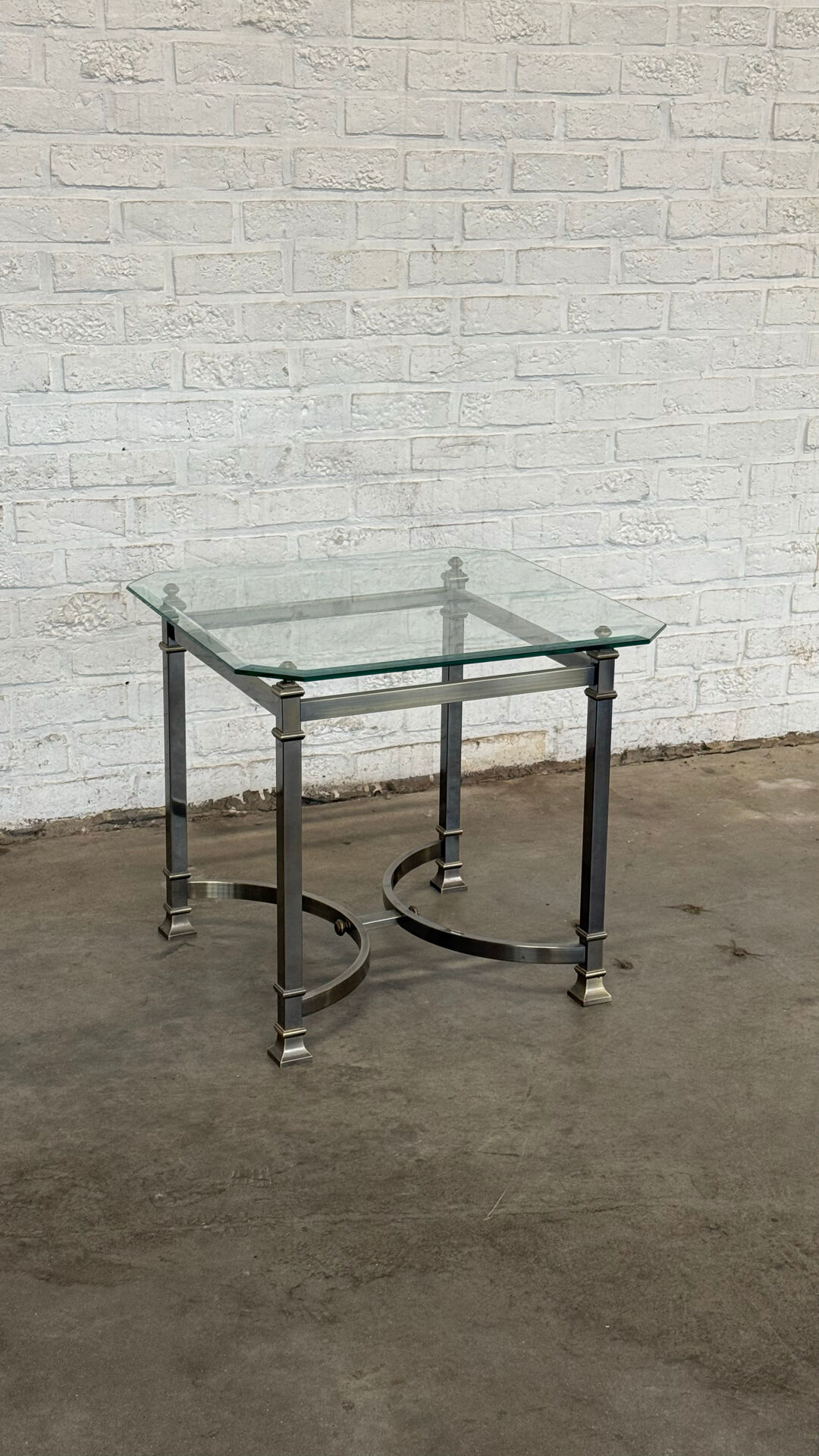 Vintage Neoclassical Side Table — Gun Metal & Brass Frame with Octagon