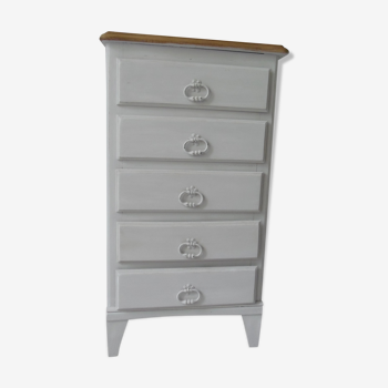 Vintage rag picker 5 drawers patinated gray powdery white, wooden top