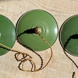 Trio of vintage green enamelled sheet metal lampshade pendants