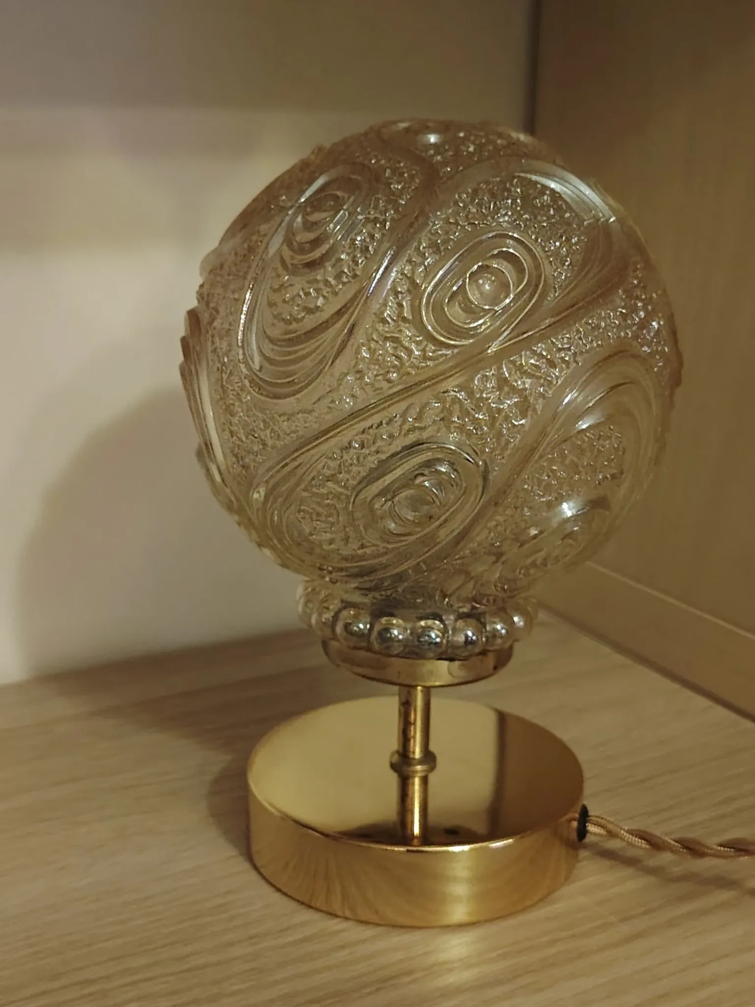 Vintage textured amber moulded globe bedside lamp