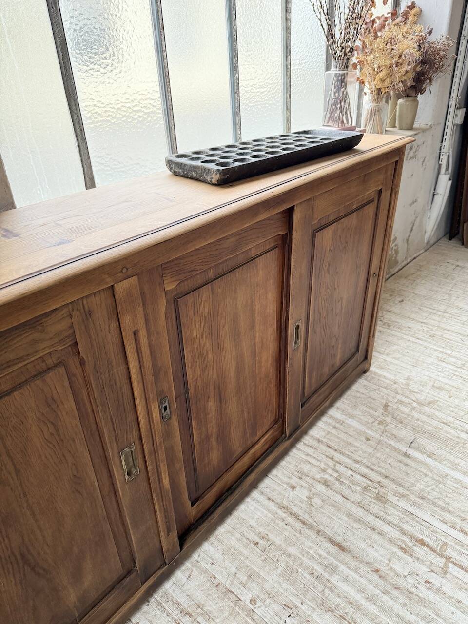 XL oak workshop sideboard with sliding doors from 1900