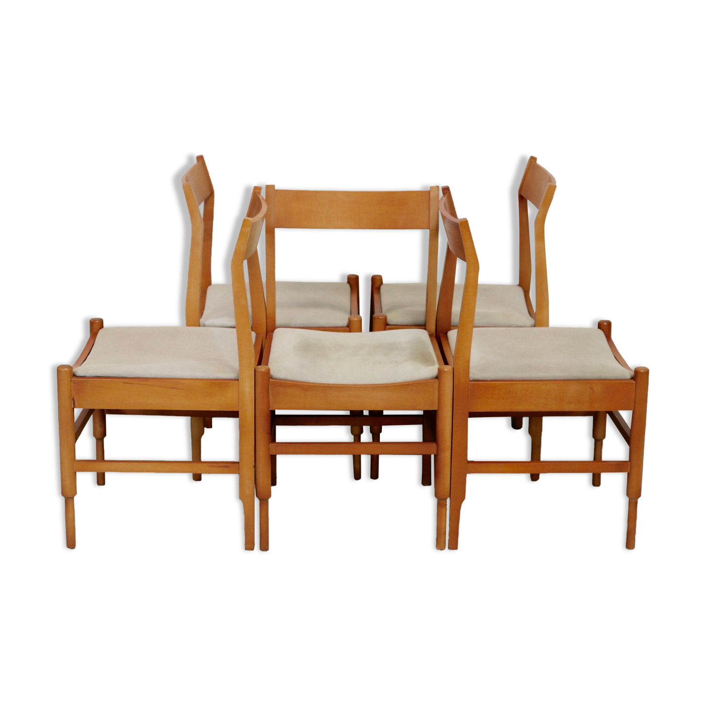 5 wooden chairs tapered base, circa 1975.