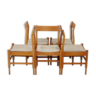 5 wooden chairs tapered base, circa 1975.