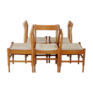 5 chaises en bois piètement fuselé circa 1975