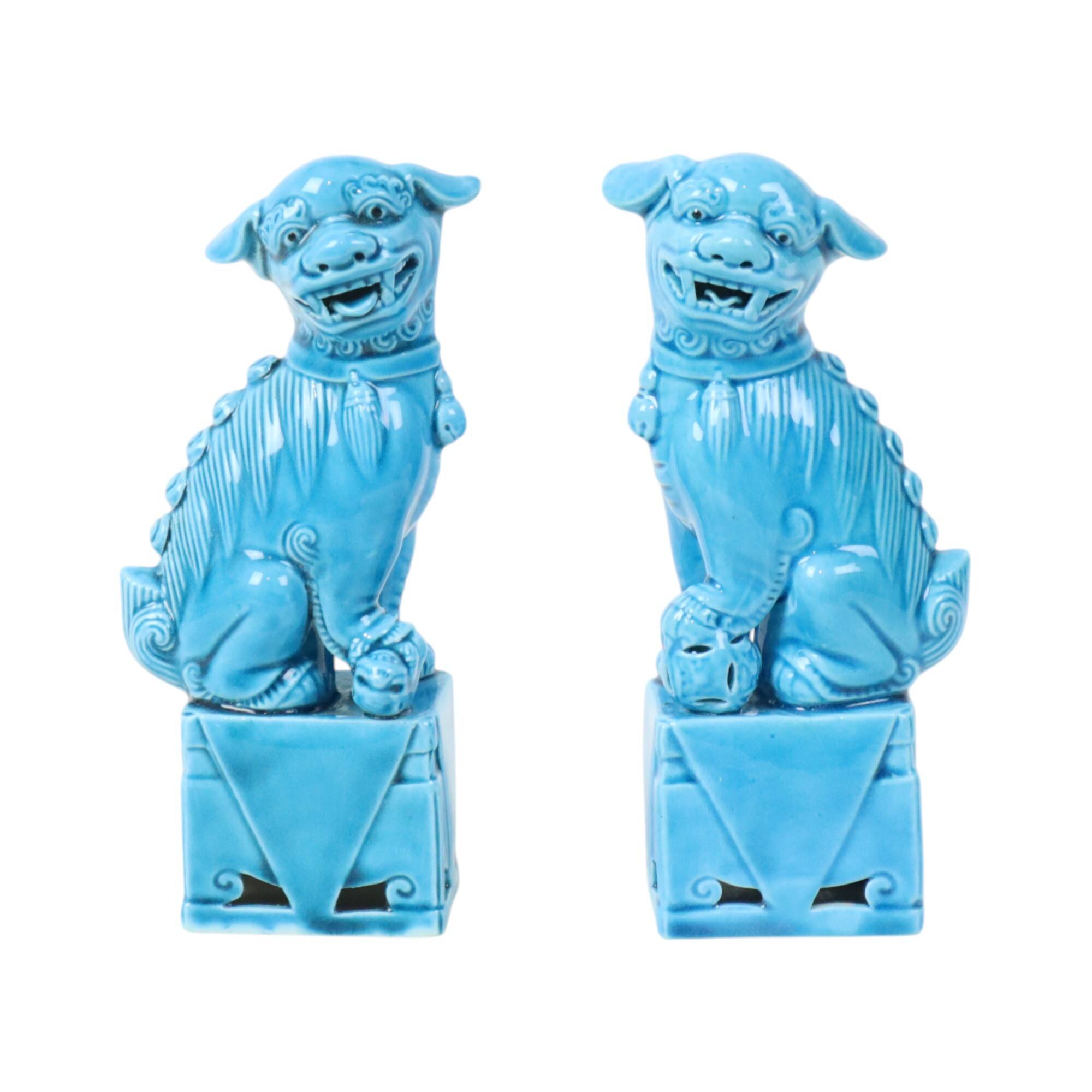 Pair of Blue Glazed Foo Dog Temple Lion Figurines 16cm