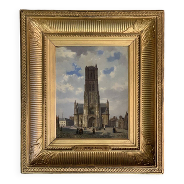 Oil on panel, view of Saint Bavo's Cathedral in Ghent, F. Boulanger