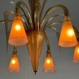 Venetian chandelier in beige/gray murano glass bordered with a red net