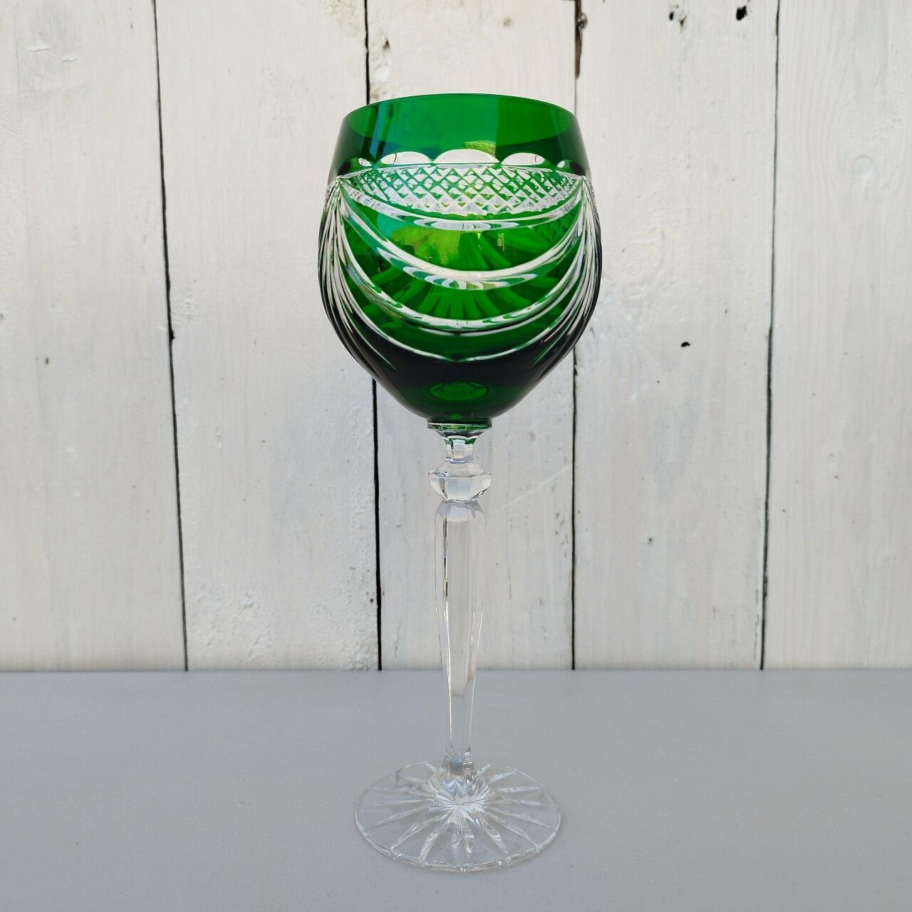 Six vintage coloured cut crystal wine glasses