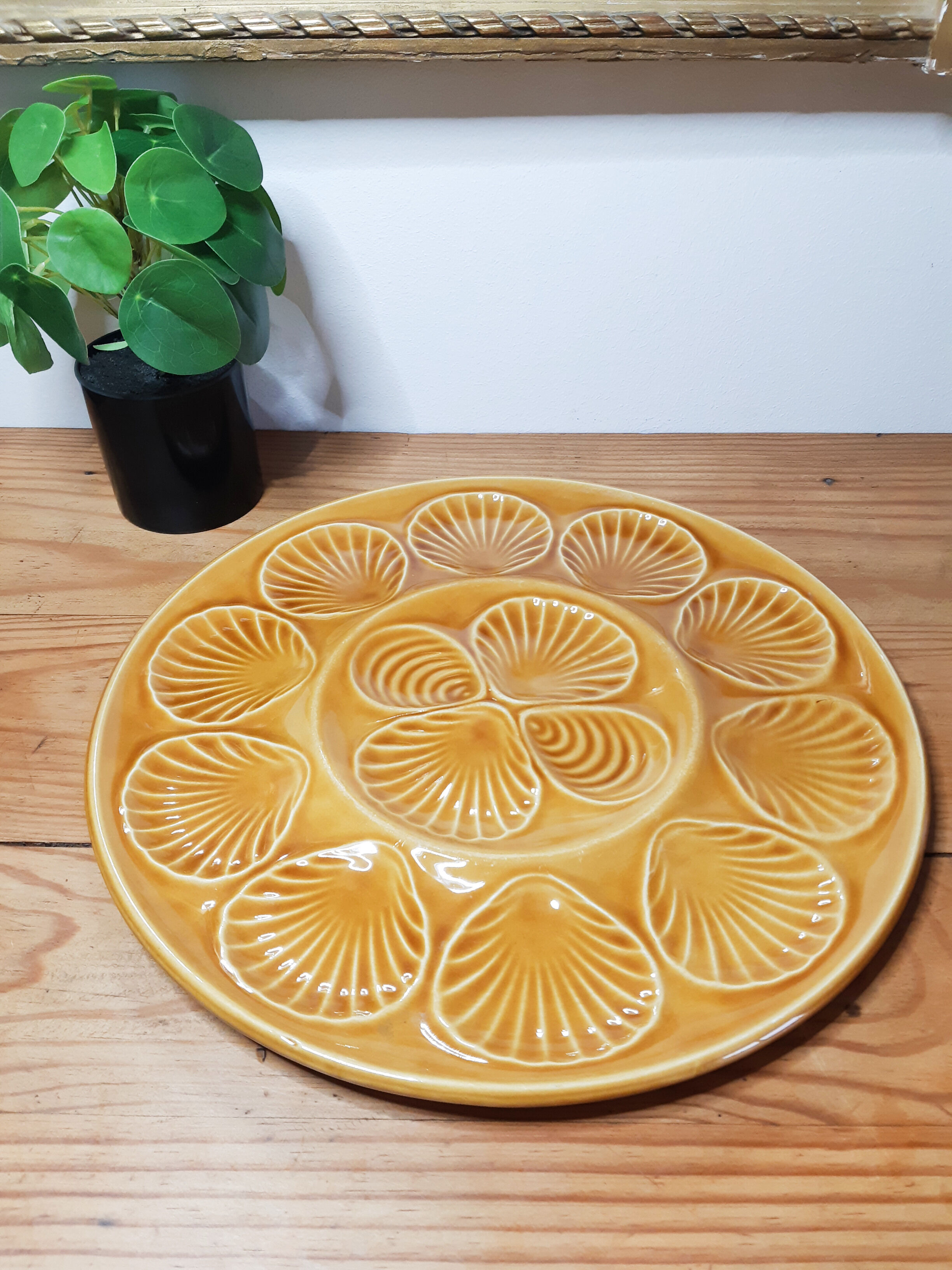 Oyster and shell tray, in ochre slip, antique French