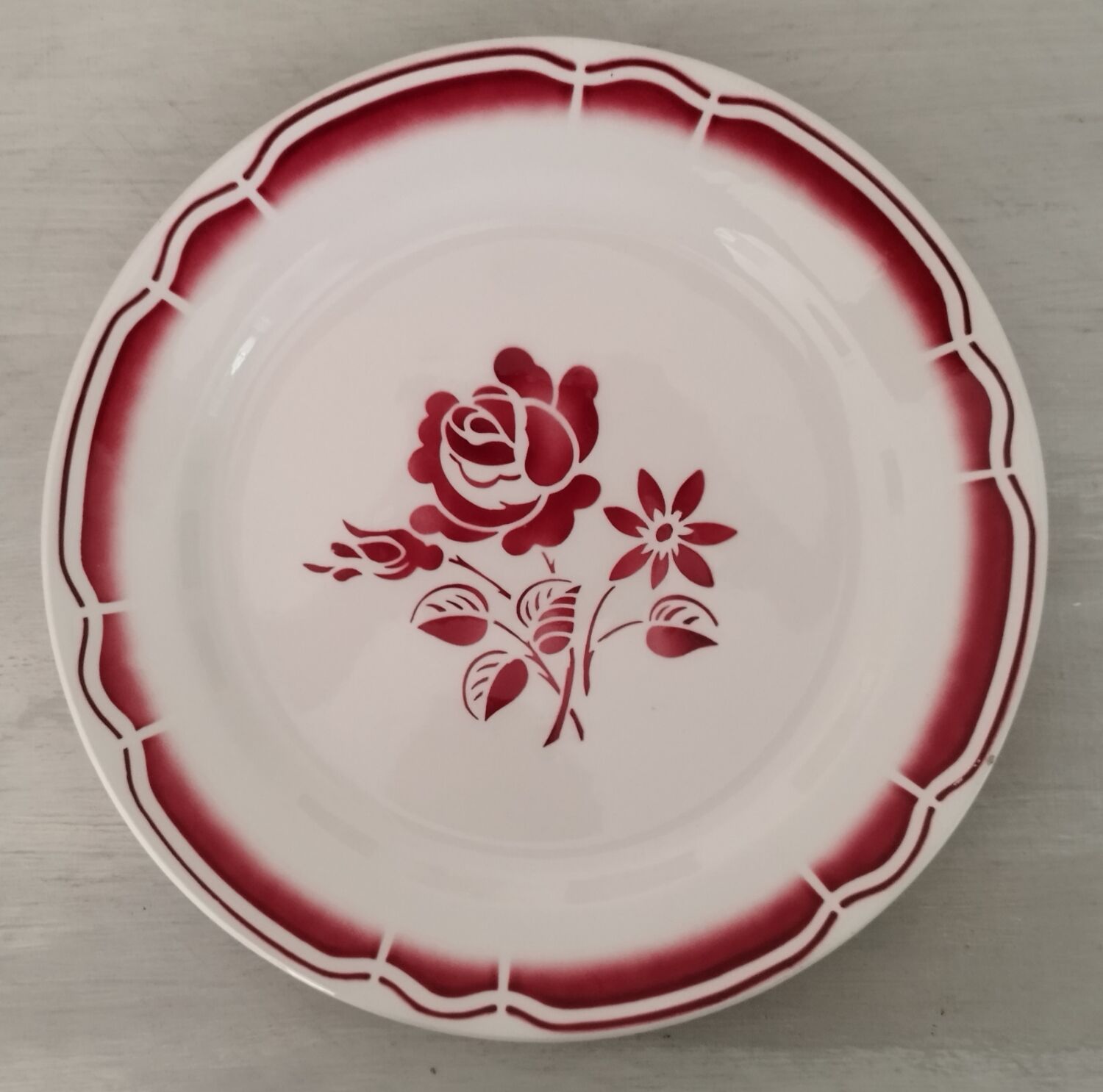 Service cake pie flat plates porcelain opaque badonviller rose bordeaux vintage