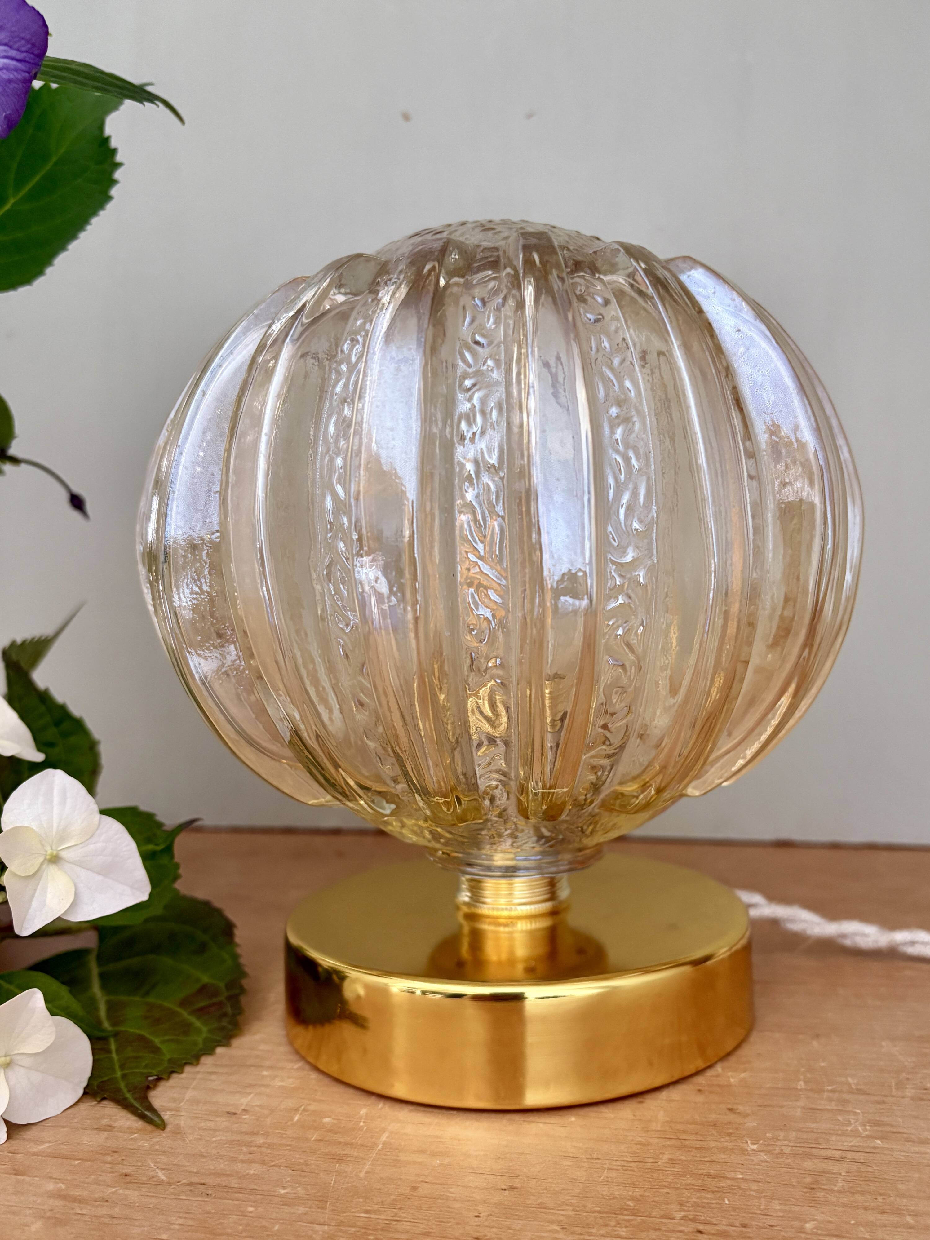 Vintage globe table lamp in half amber, half transparent molded glass