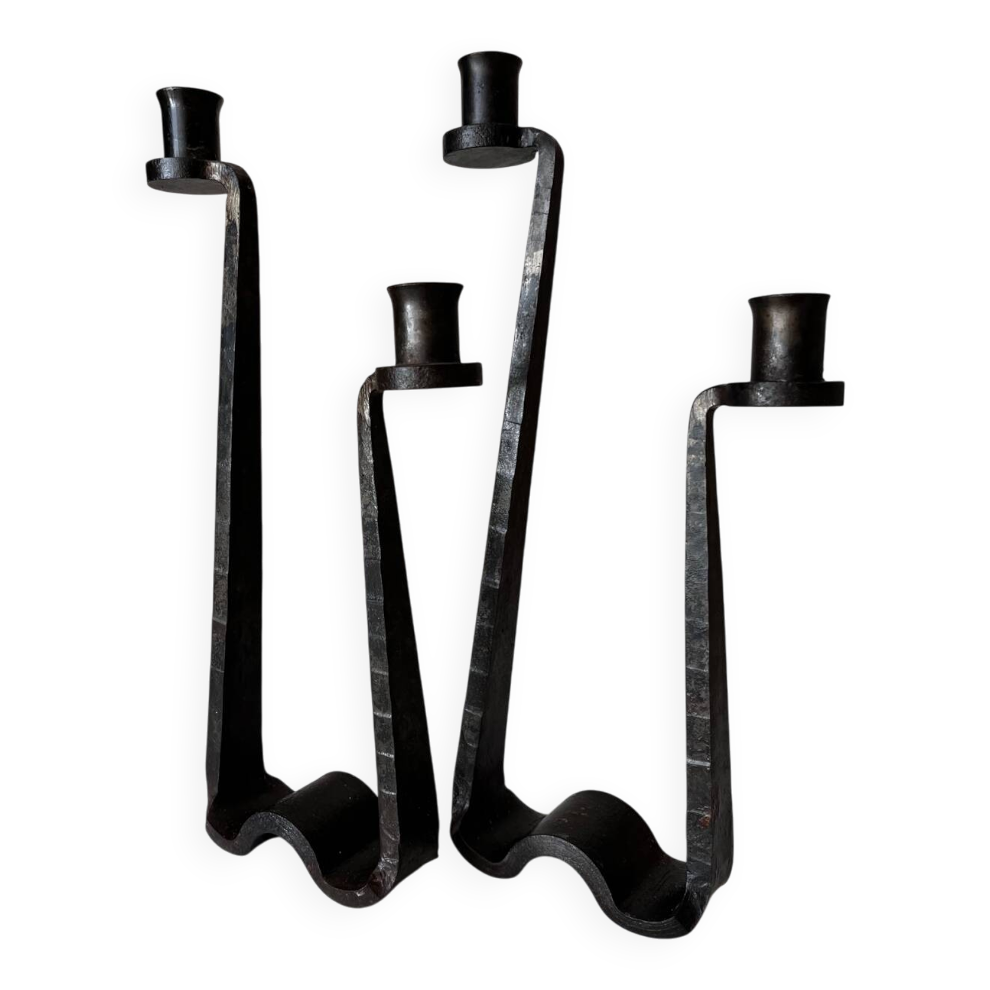 Brutalist wrought iron candlestick pair