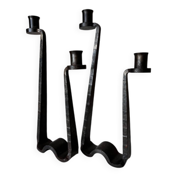 Brutalist wrought iron candlestick pair