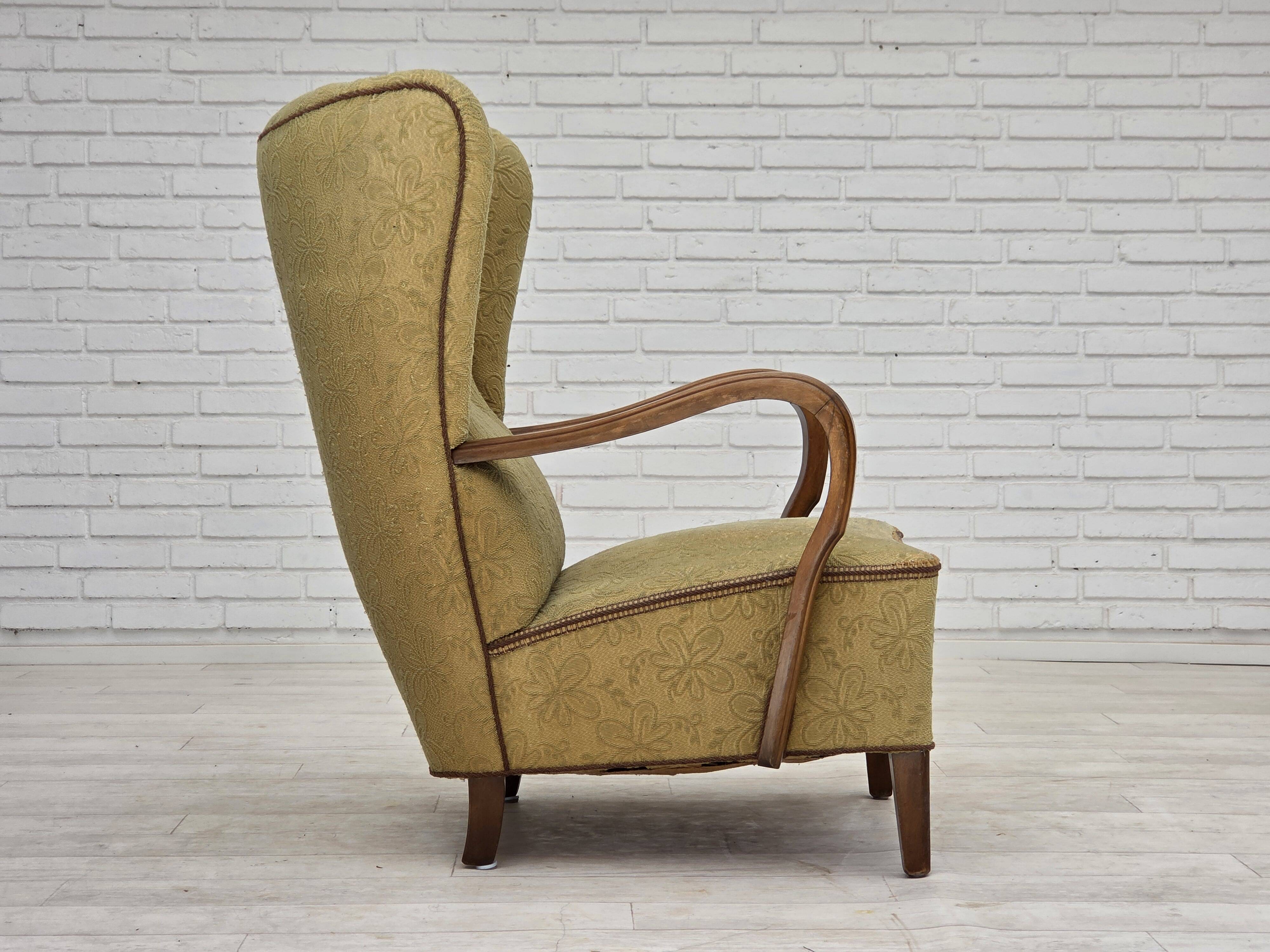 1960s, Danish armchair, light green furniture velour, beech wood.