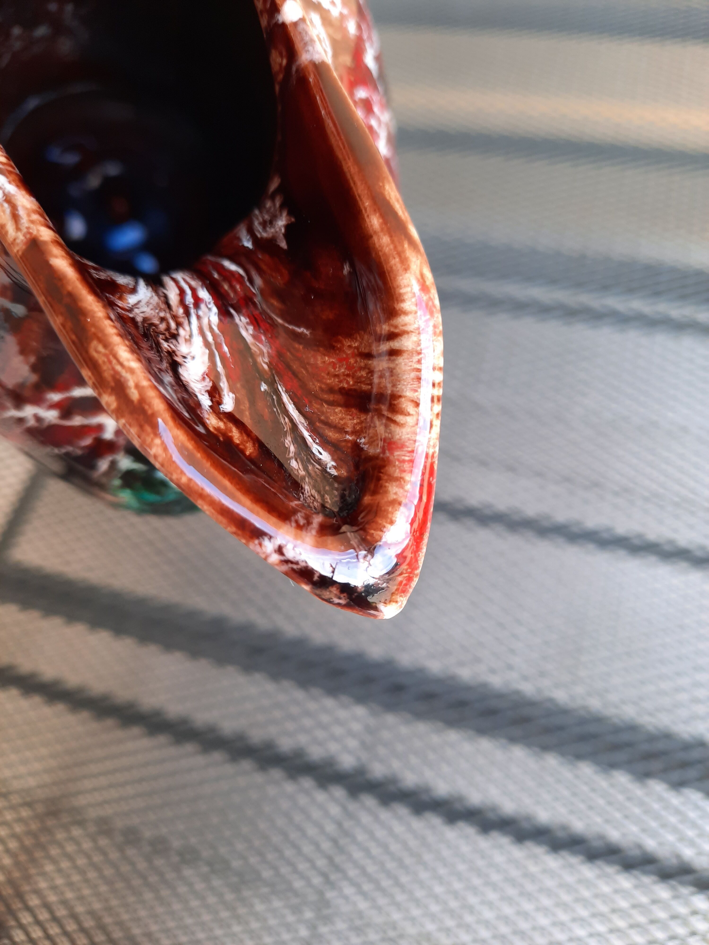 Earthenware pitcher signed vallauris, brown, orange, green, flammé décor, tbe.