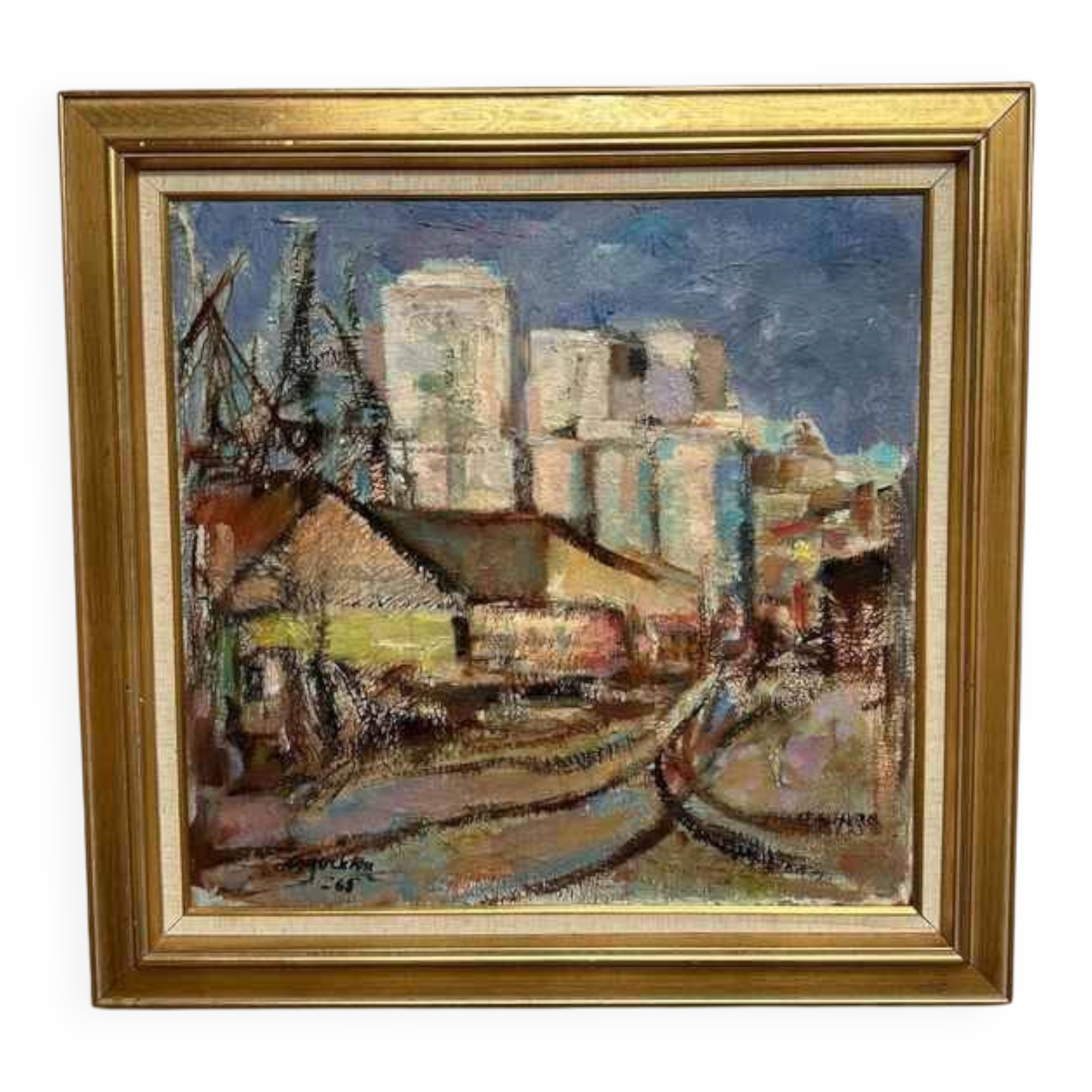 Original Swedish Oil On Canvas – “Cityscape” – Dated 1965 – Vintage & Framed – 68 × 68 Cm (26.8" × 26.8")