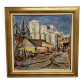 Huile sur toile suédoise originale – « Paysage urbain » – Datée de 1965 – Vintage et encadrée – 68 × 68 cm (26,8" × 26,8")