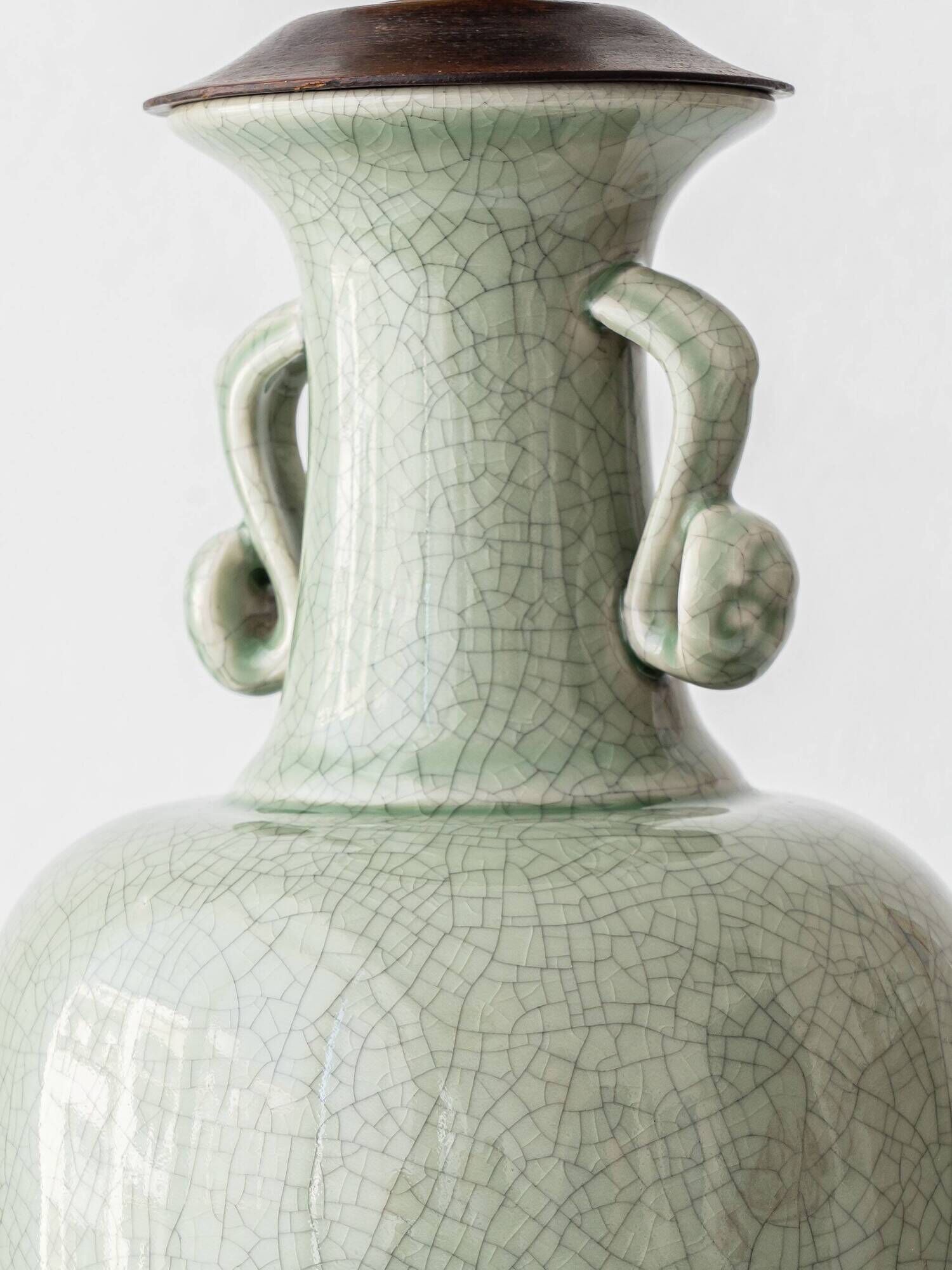 Celadon Crackle Glaze Porcelain Table Lamp in Chinese Style with Scroll Handles