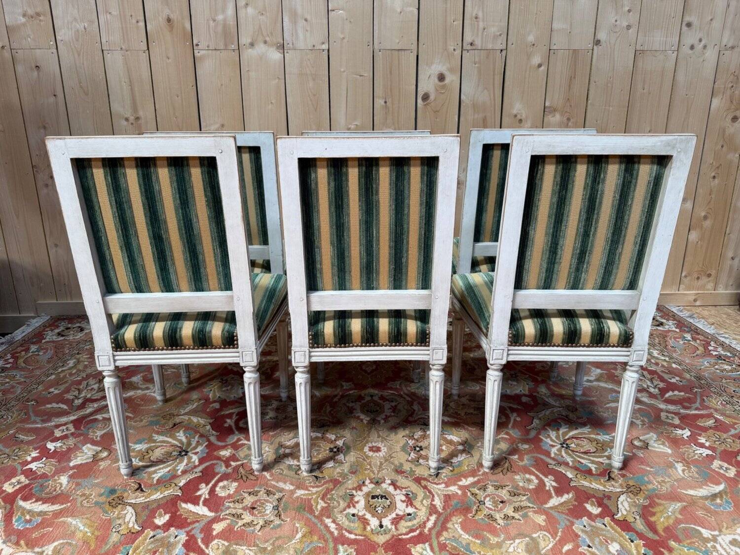 Set of 6 Louis XVI style chairs – Painted wood & striped velvet