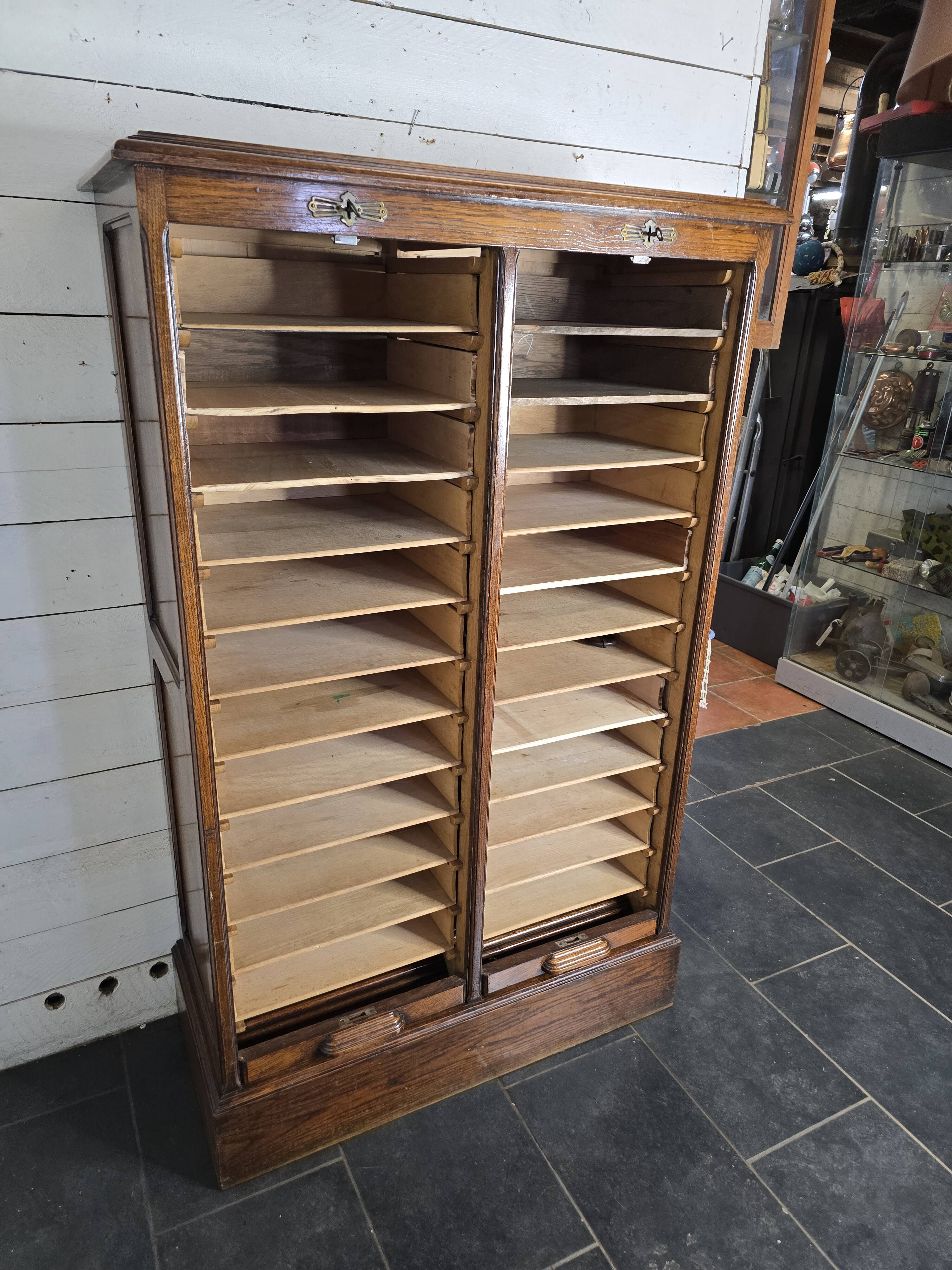Solid oak double curtain filing cabinet