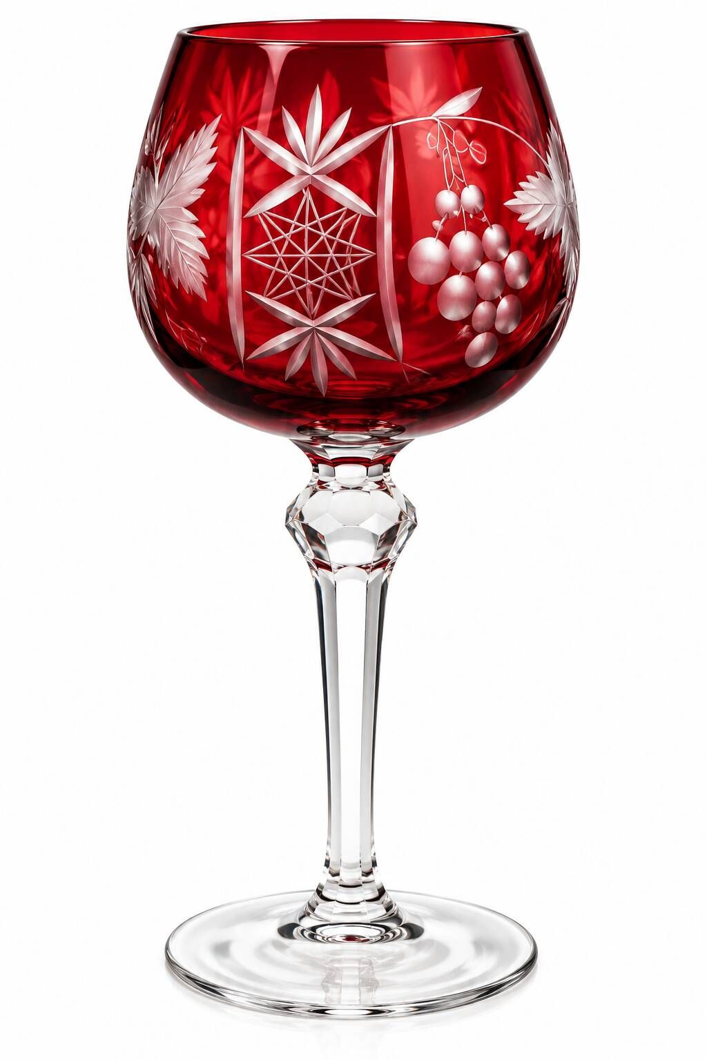 Set of 6 coloured wine glasses, vine decoration, Bohemian style – H. 20 cm