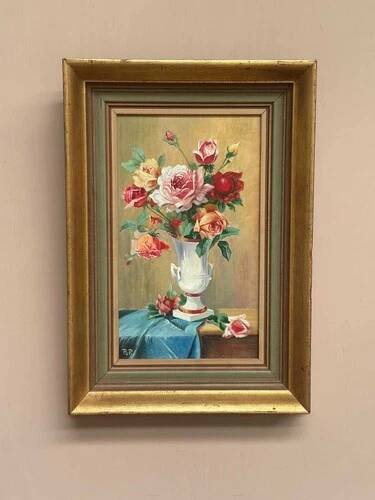 Oil on Canvas – “Still Life with Vase” by R.P. Vintage & Framed 28×40cm