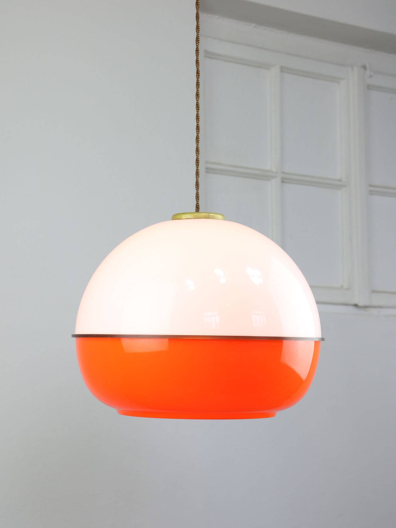 Space Age Italian Orange Plexiglass and Brass Pendant Lamp, 1970s