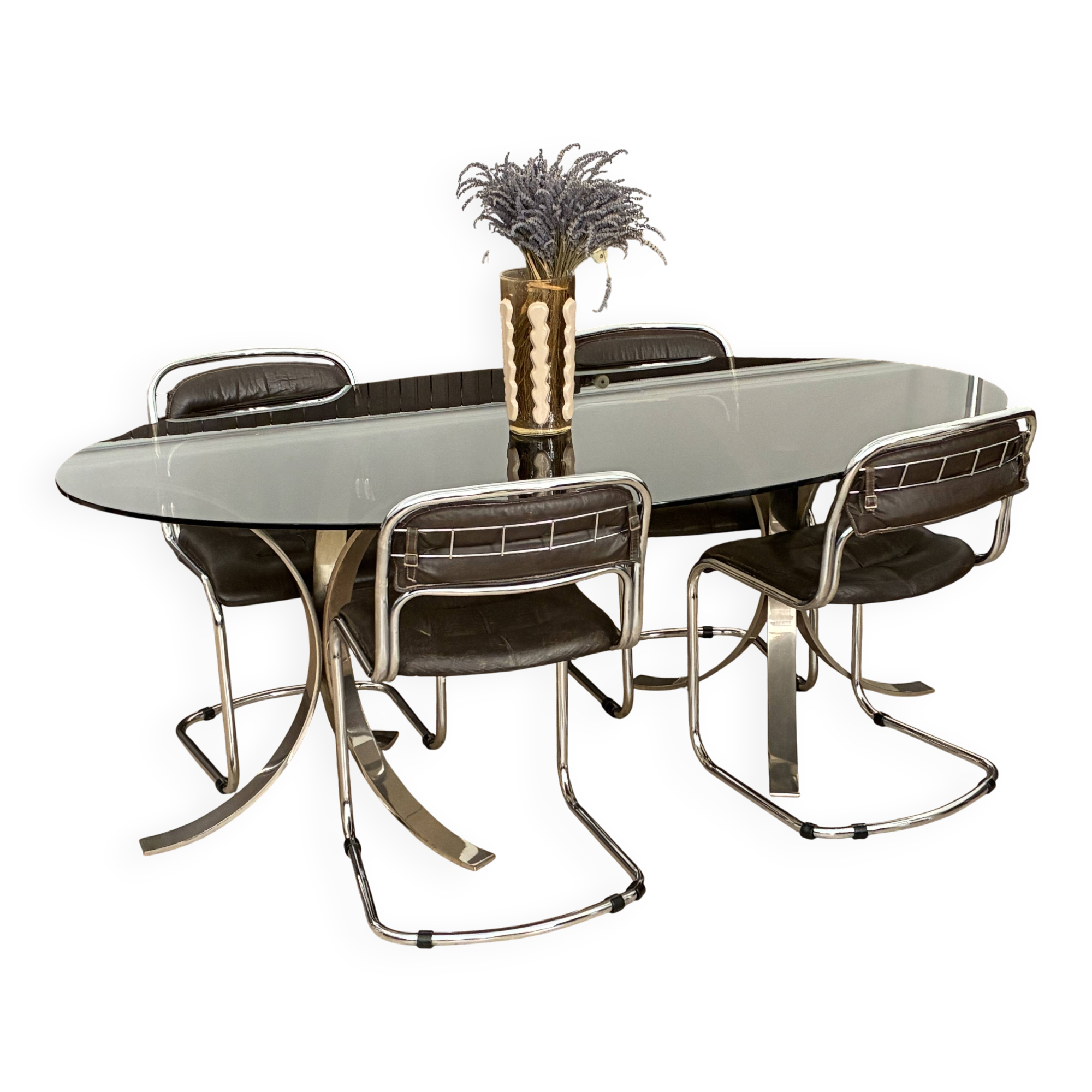 Smoked glass table with a metal base.