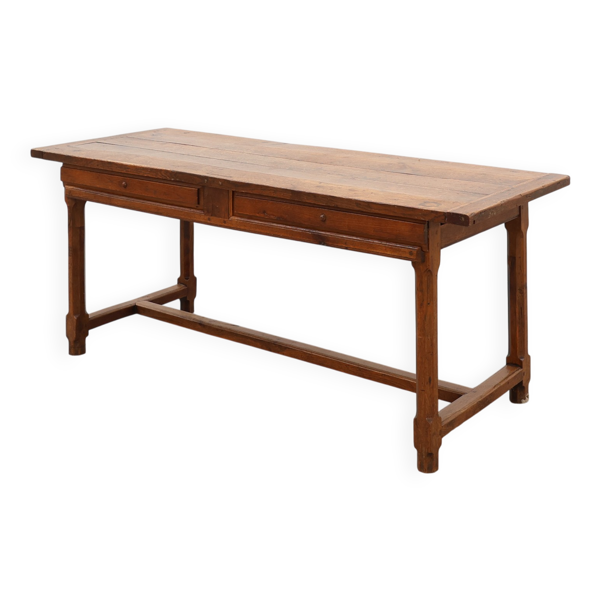 Rustic 19th century oak dinner table with drawers opening laterally, France