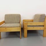 Set of 2 vintage fireside chairs in pine and fabric from the 70s