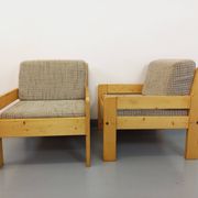 Set of 2 vintage fireside chairs in pine and fabric from the 70s