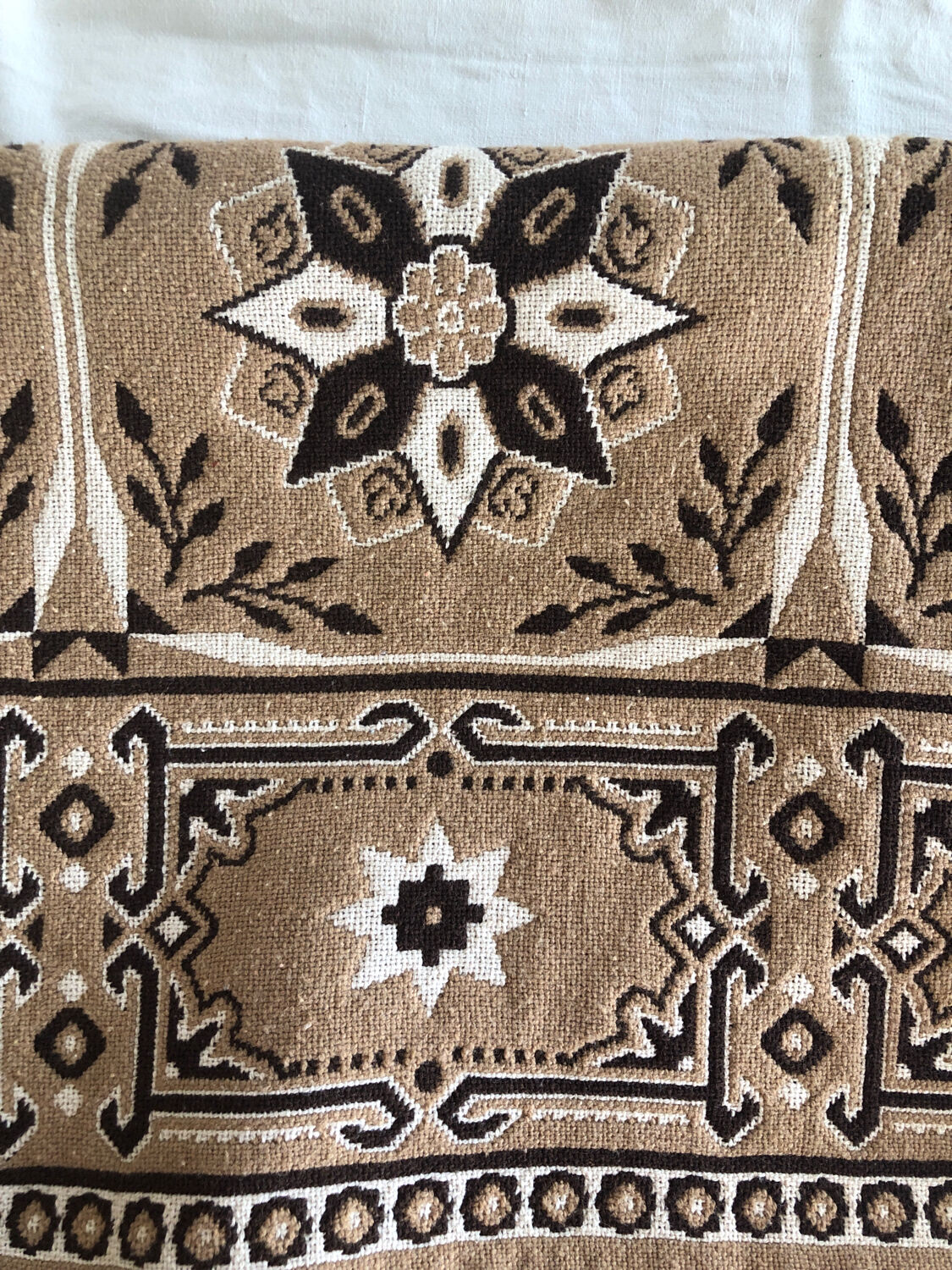 Vintage handmade beige and brown bedspread with fringes