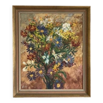 Peinture à l'huile suédoise d'époque mi-siècle sur panneau "Fleur" vintage 53×43cm