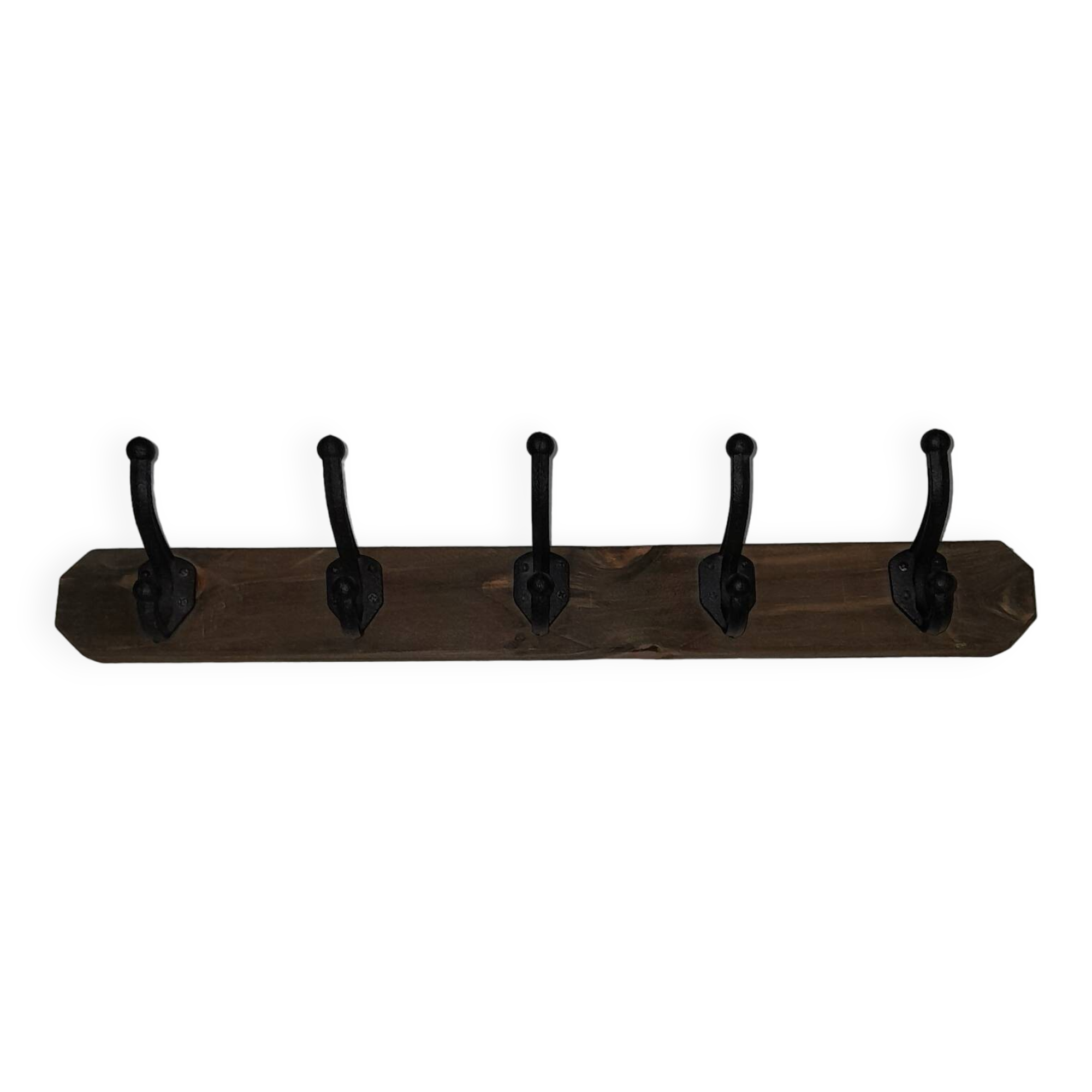 Vintage wooden coat rack with 5 double cast iron hooks