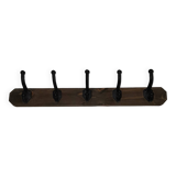 Vintage wooden coat rack with 5 double cast iron hooks