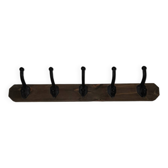 Vintage wooden coat rack with 5 double cast iron hooks