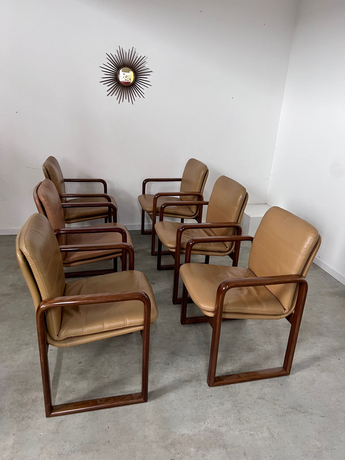 Lot 6 chairs armrests vintage 70s Scandinavian design leather and wood