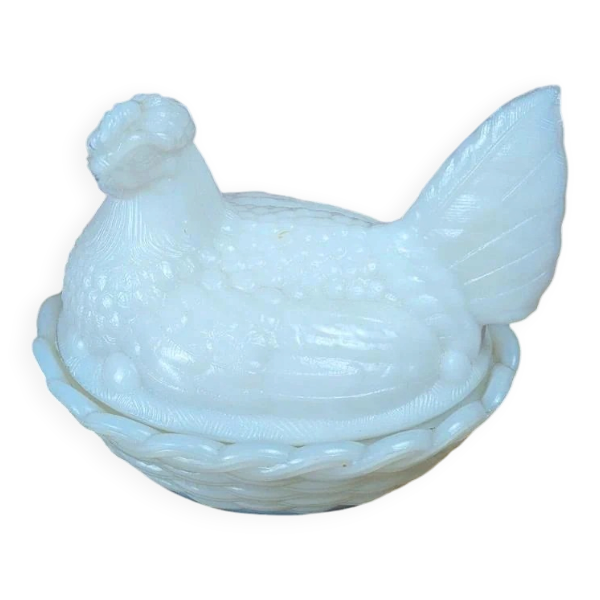 Hen on white opaline glass basket – marked Sv