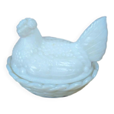 Hen on white opaline glass basket – marked Sv