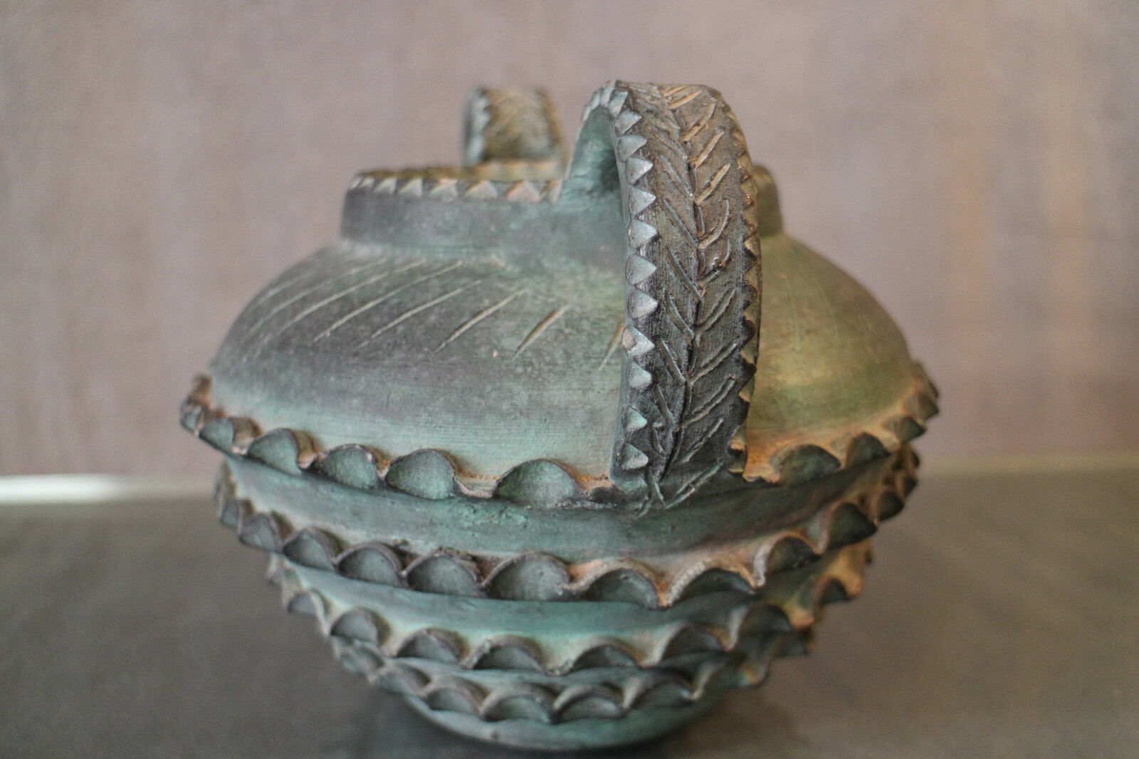 Terracotta vase with ceramic bronze green patina vase