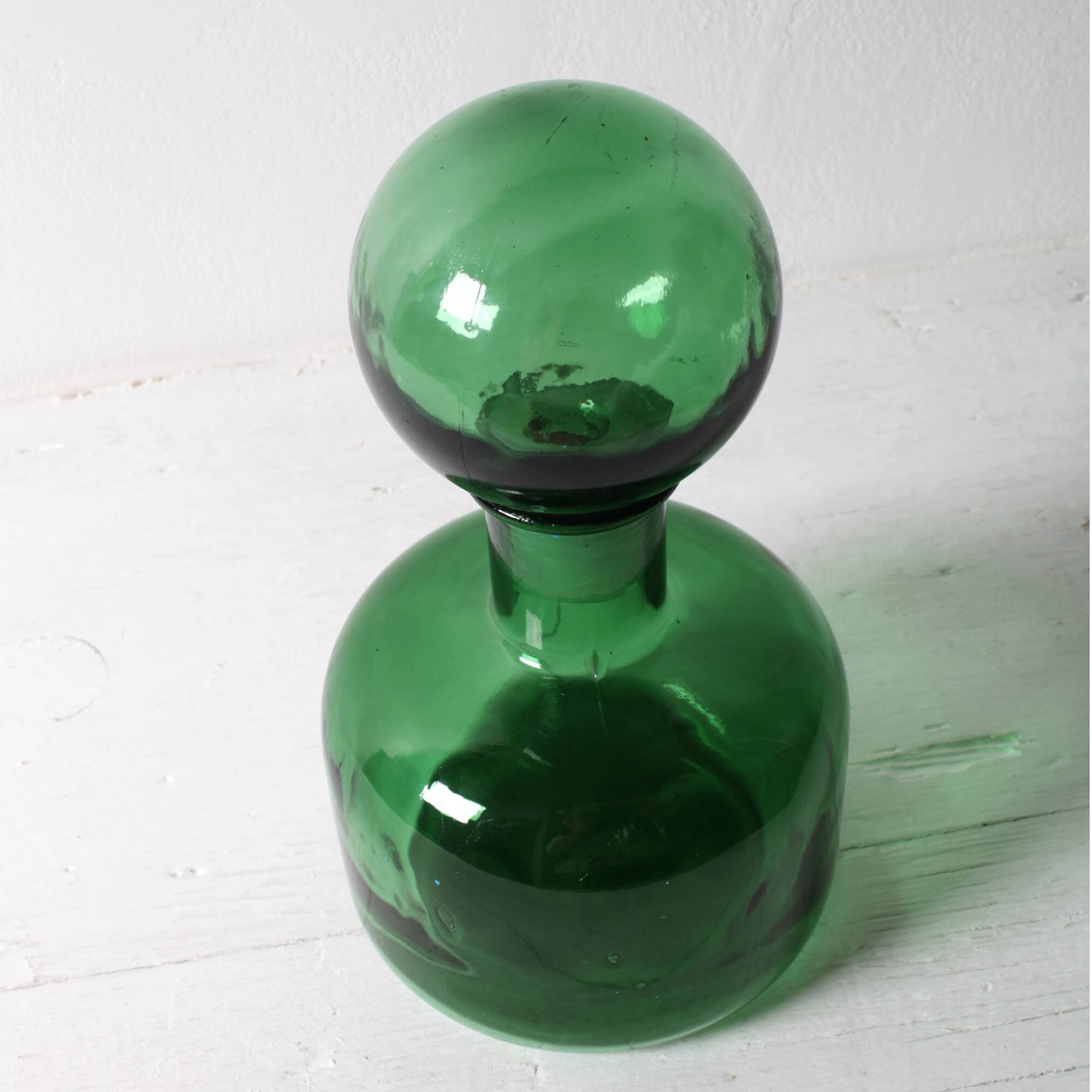 Emerald Green Glass Decanter / Genie Bottle with Stopper / Empoli / 1960s