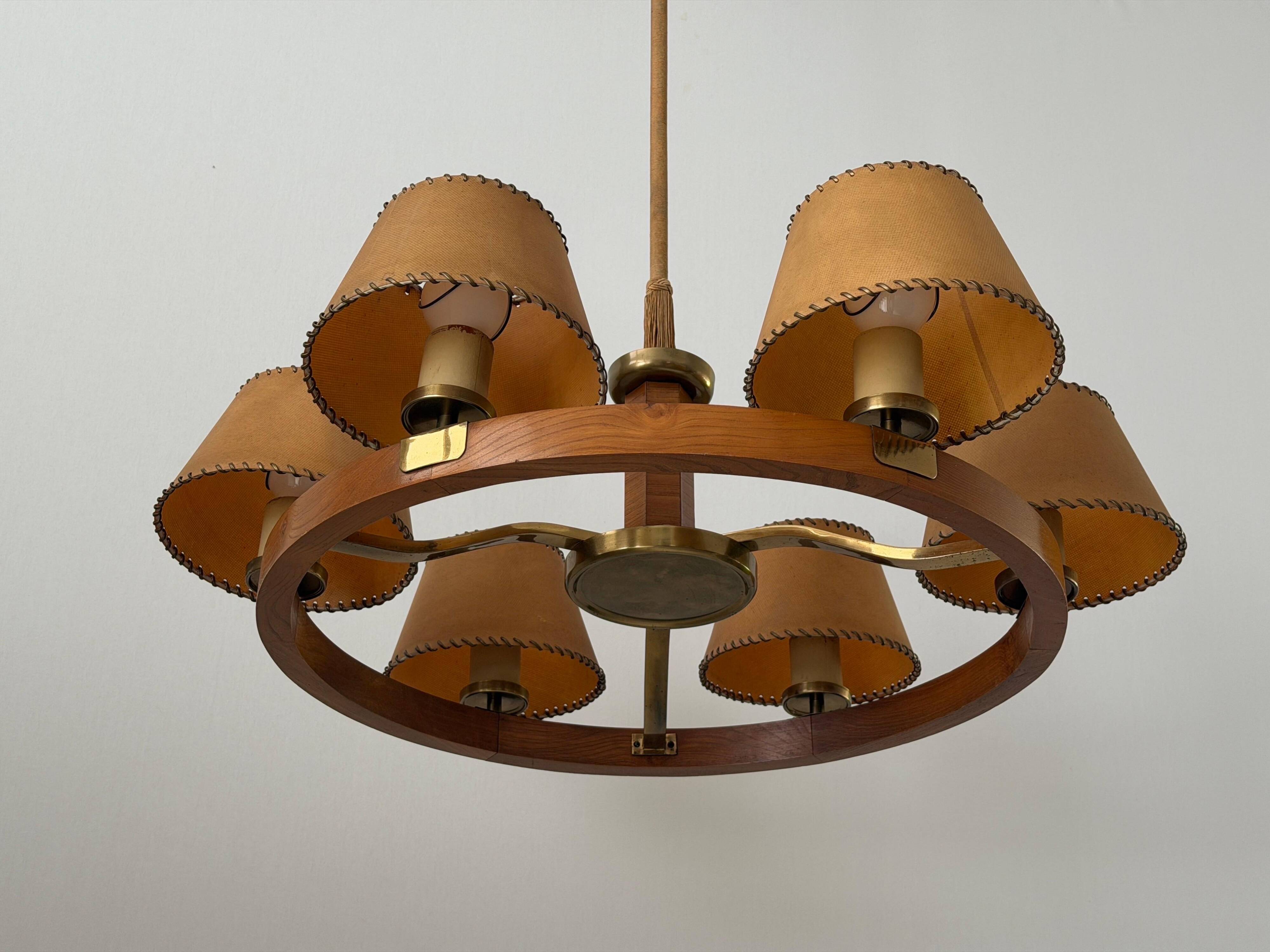 6 wooden paper head chandeliers with brass details, 1960s, Germany