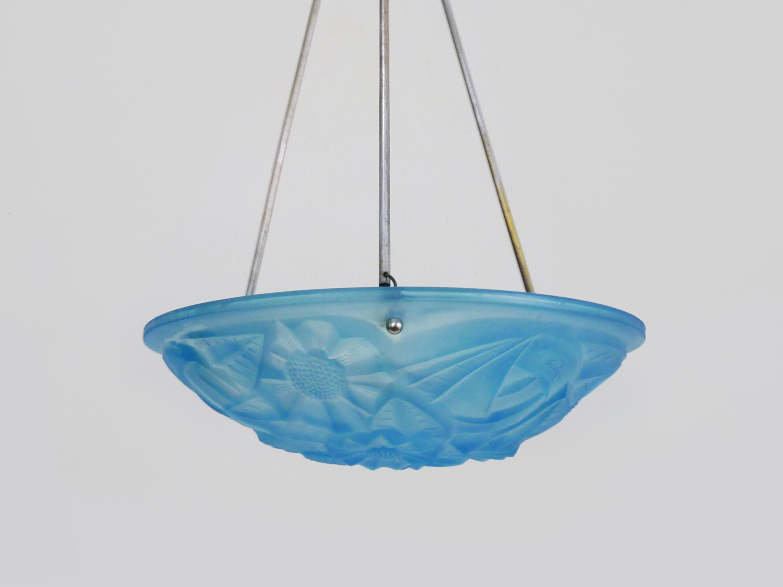 Old degue chandelier, suspension basin art deco 1 fire, in blue glass paste. signed degué