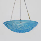 Old degue chandelier, suspension basin art deco 1 fire, in blue glass paste. signed degué